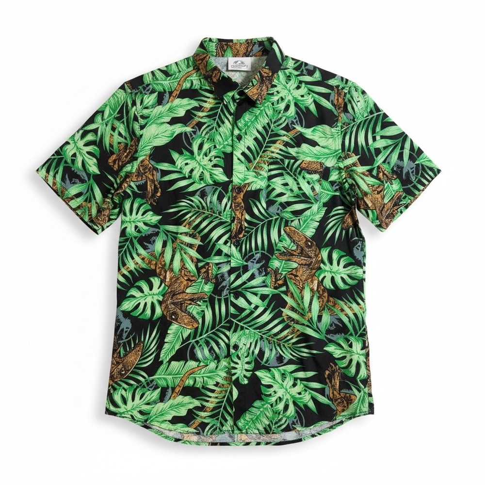 Jurassic World Button Down Shirt Mens Small Green Dinosaur Tropical Rayon